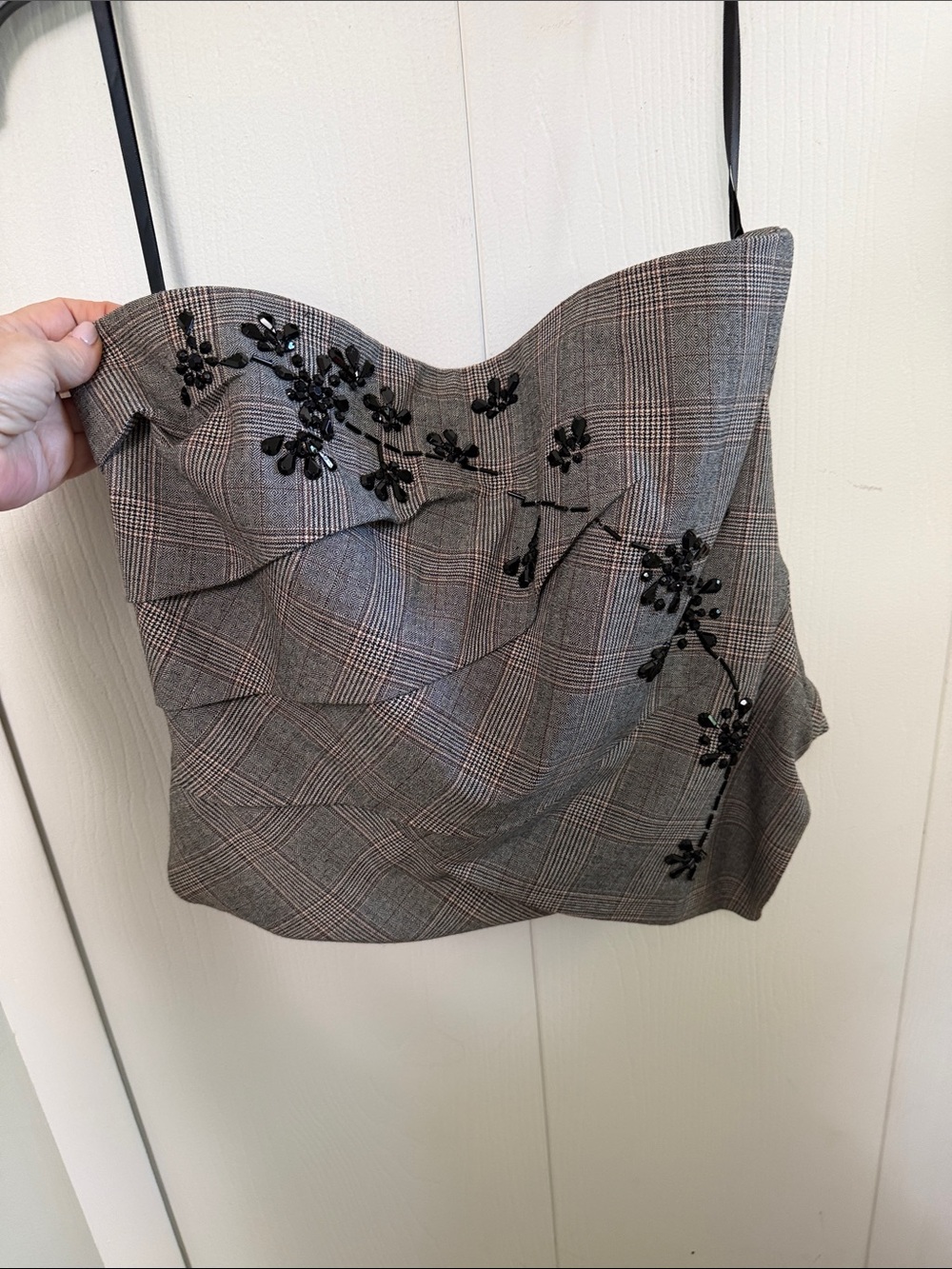 White House Black Market Black and Gray Plaid Beaded Bustier Top